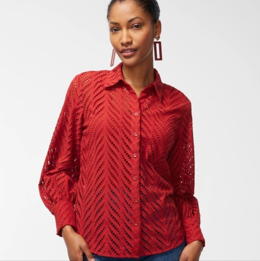 Chico's Womem's Rustic Red Bohemian Poplin Cutwork Button-Up Shirt. Size 3/XL